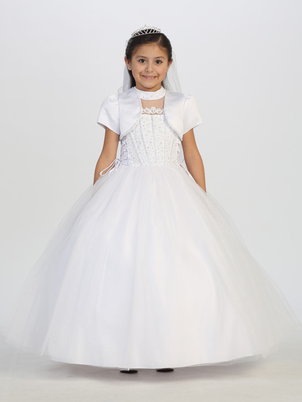 1150 1 — Flower Girl Dresses Fancy Communion Dress Tulle Illusion Neckline With Jeweled High Round Neck, Heavily Embellished With Rhinestones and Applique Lace Bodice.