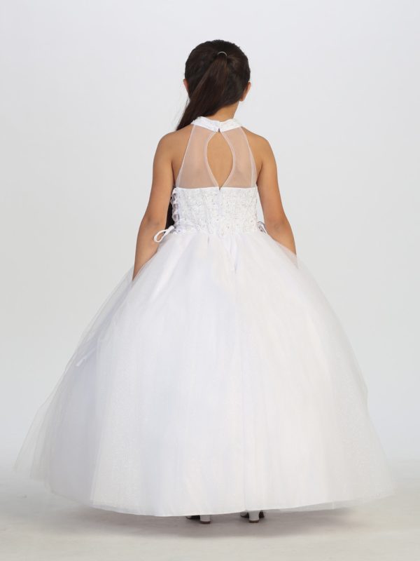 1150 2 — Flower Girl Dresses Fancy Communion Dress Tulle Illusion Neckline With Jeweled High Round Neck, Heavily Embellished With Rhinestones and Applique Lace Bodice.