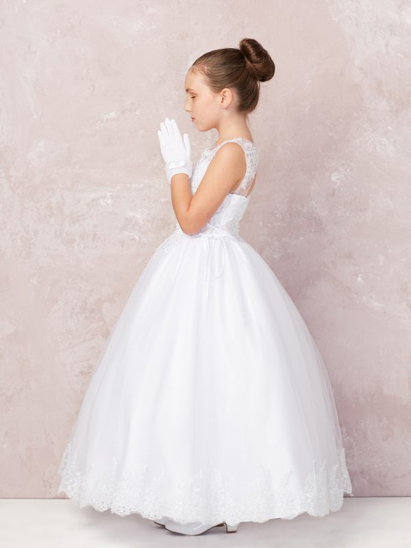 1182 2 — White Flower Girl Dress Lace Bodice With Lace Hem, Comes With a Mesh Jacket