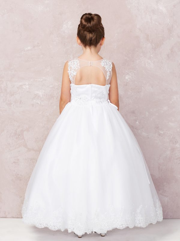 1182 3 — White Flower Girl Dress Lace Bodice With Lace Hem, Comes With a Mesh Jacket