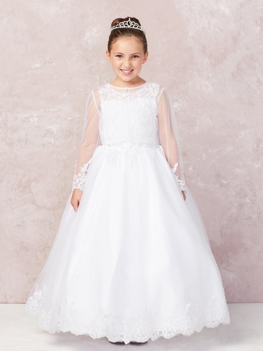 1182 4 — White Flower Girl Dress Lace Bodice With Lace Hem, Comes With a Mesh Jacket