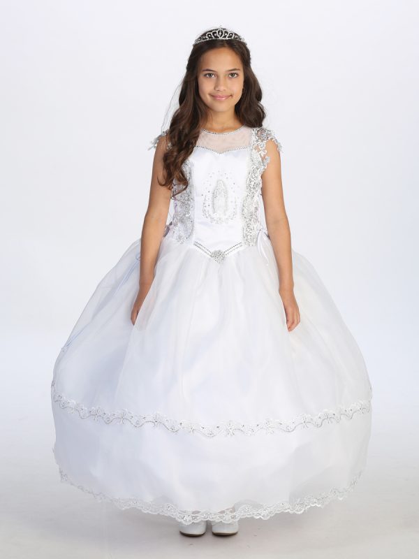 1183 — 1183 White Communion Dresses 2019 Communion Dress With Illusion Neckline Bodice With Metallic Lace Sleeve, Maria Bodice