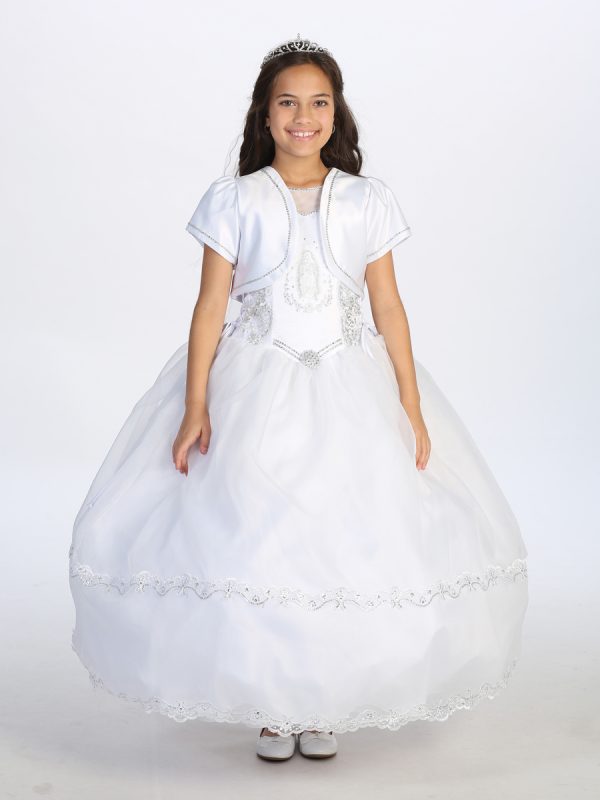 1183 1 — 1183 White Communion Dresses 2019 Communion Dress With Illusion Neckline Bodice With Metallic Lace Sleeve, Maria Bodice