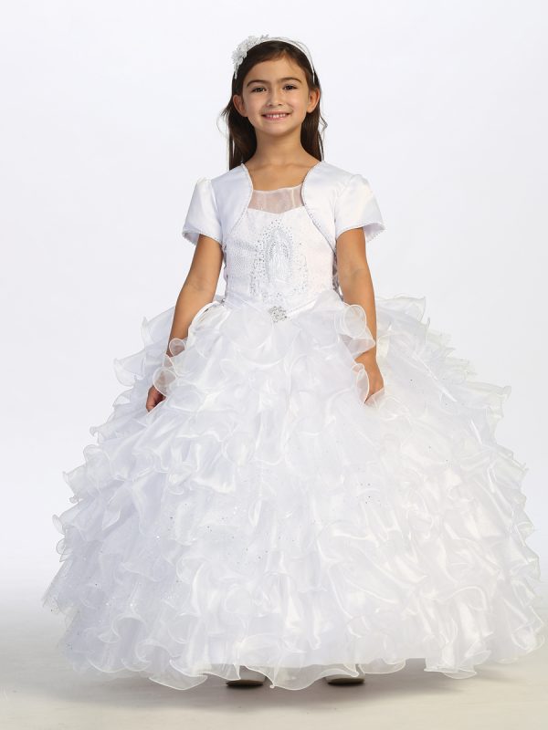 1189 1 — 1189 White First Communion Dress Rhinestone Studded Bodice With a Split Lace Skirt and Maria