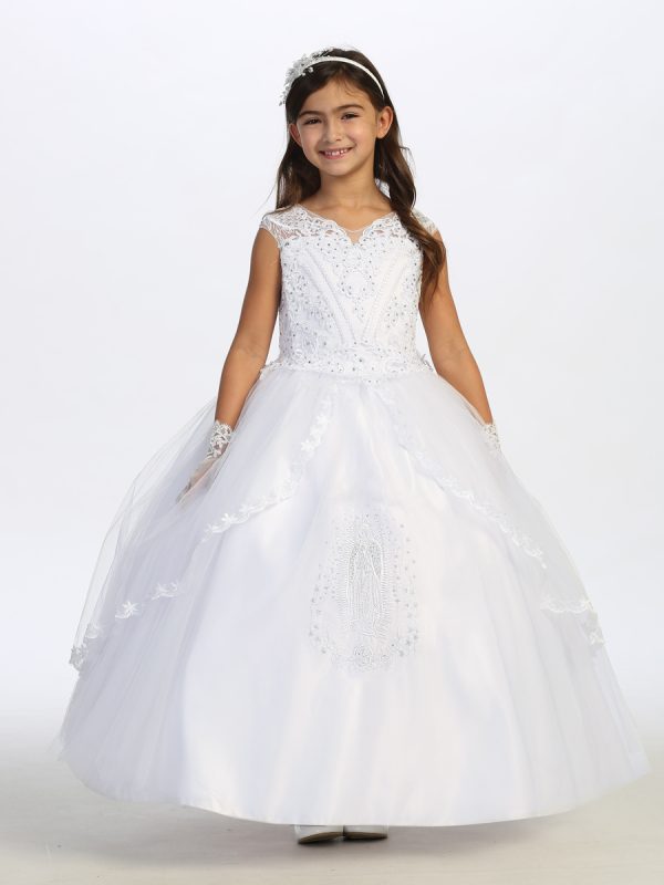 1190 — 1190 White First Communion Dress Rhinestone Studded Bodice With a Split Lace Skirt and Maria