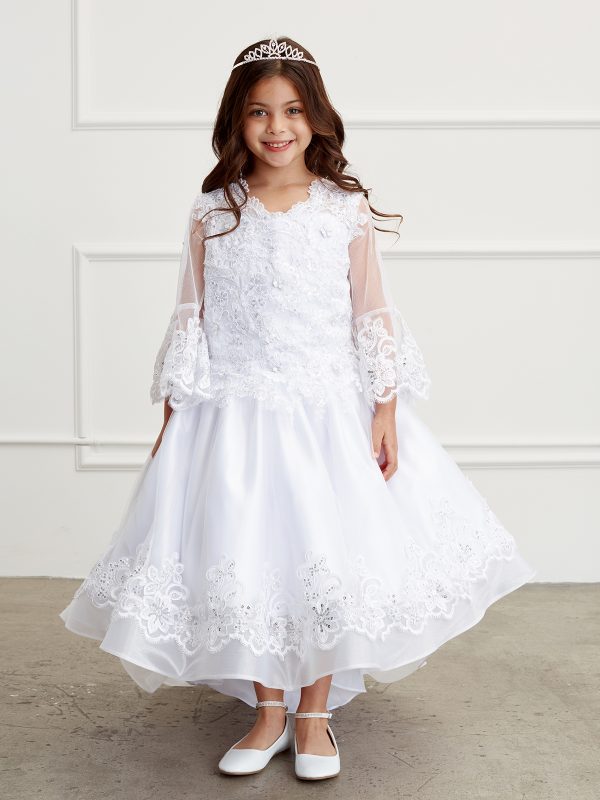 1201 2 — 1201 White Communion Dresses Lace Bodice With Mesh Lace Applique Sleeves