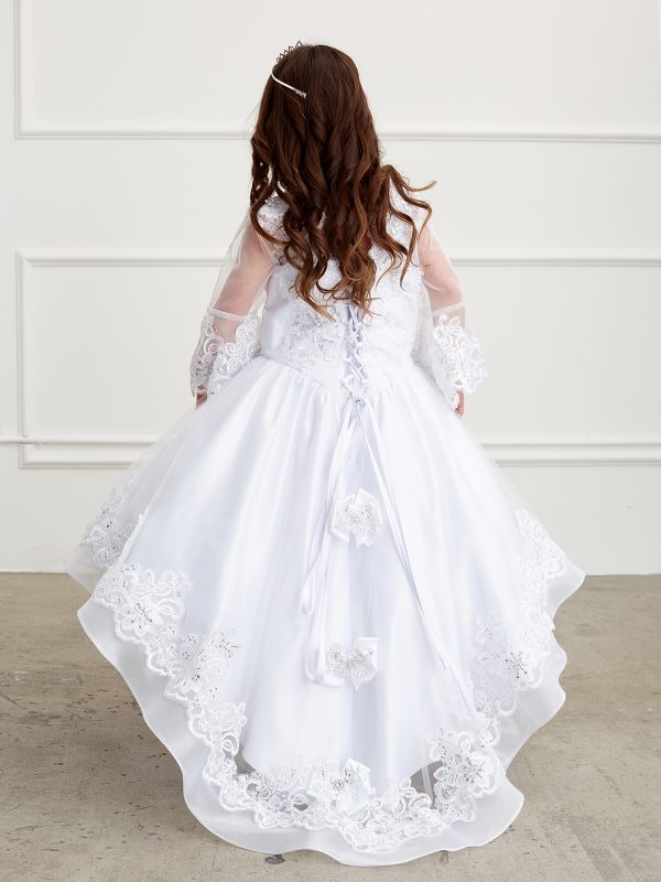 1201 3 — 1201 White Communion Dresses Lace Bodice With Mesh Lace Applique Sleeves