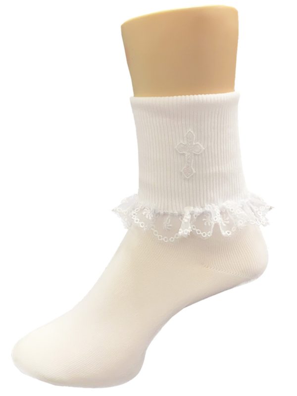 2105 K 01 — 2105A WHT Girls socks with embroidered cross and lace trim