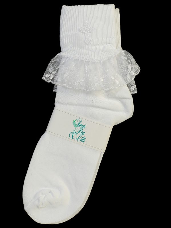 2105 SPL — 2105A WHT Girls socks with embroidered cross and lace trim