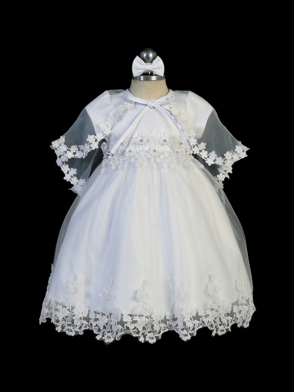 2344 — 2344 White Communion Dresses Girls Satin Bodice With Lace Applique Tulle Skirt, Organza Cape and Headband Is Included