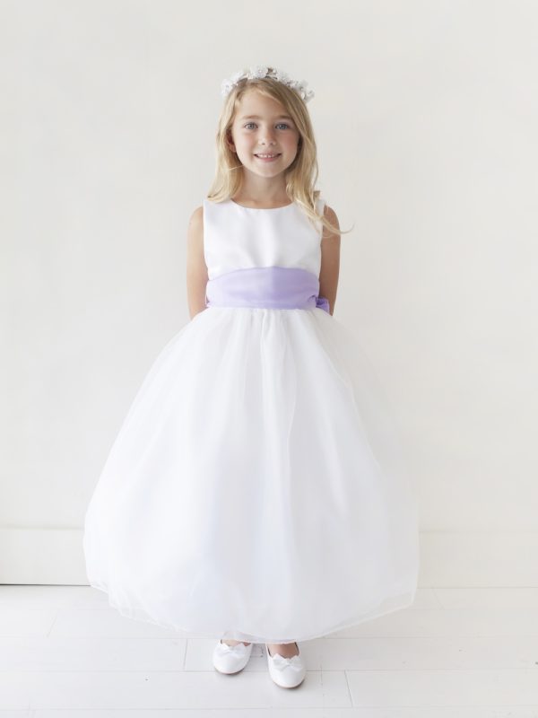 5378 — 5378 Ivory Flower Girl Dresses Satin Bodice, Organza Overlay Dress, Comes With Color Choice of Sash