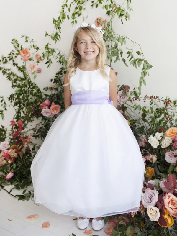5378 1 — 5378 Ivory Flower Girl Dresses Satin Bodice, Organza Overlay Dress, Comes With Color Choice of Sash
