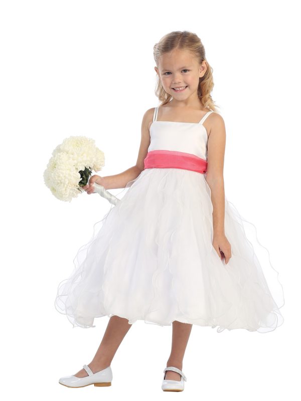 5569 — 5569 White Flower Girl Dresses Spaghetti Strap Dress With Long Feather-like Ruffles.choice of Organza Sash.