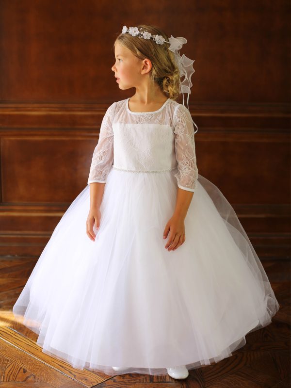 5664 — 5664 Ivory Communion Dresses Long Sleeve Lace Bodice Dress