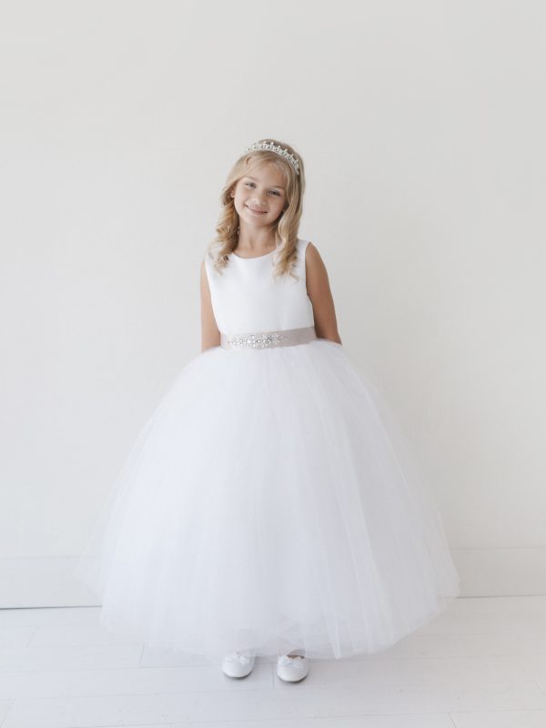 5700 — 5700 White Communion Dresses Classic Flower Girl Dress With Satin Bodice and Tulle Skirt, Comes With a Choice of Sash