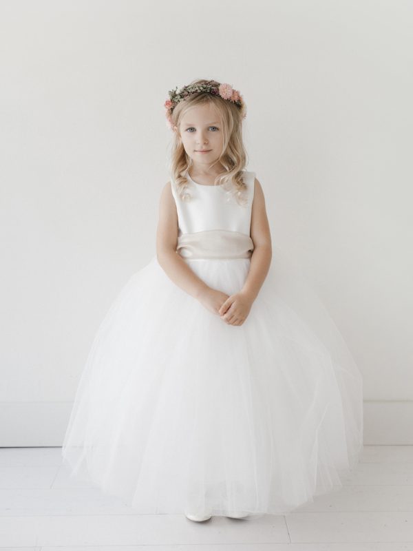 5700 2 — 5700 White Communion Dresses Classic Flower Girl Dress With Satin Bodice and Tulle Skirt, Comes With a Choice of Sash