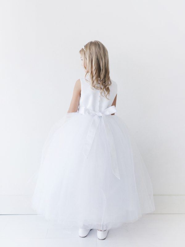 5700 3 — 5700 White Communion Dresses Classic Flower Girl Dress With Satin Bodice and Tulle Skirt, Comes With a Choice of Sash