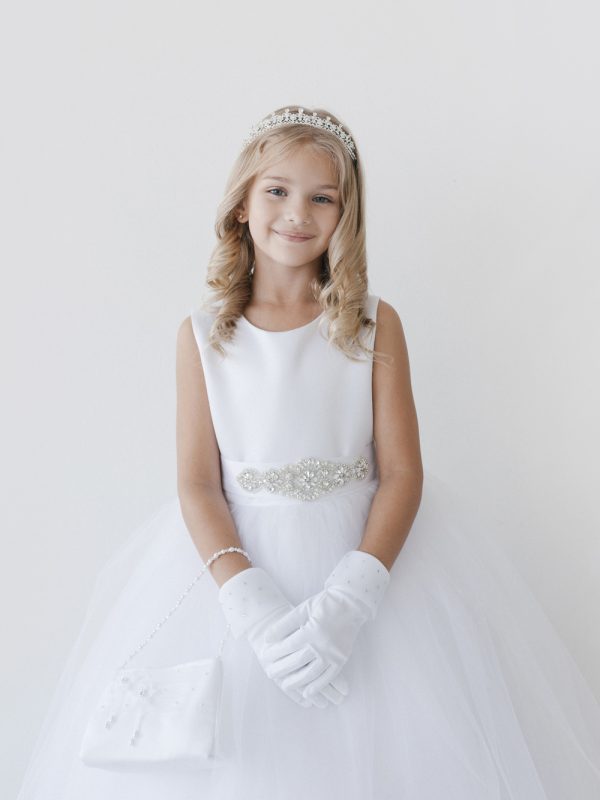 5700 4 — 5700 White Communion Dresses Classic Flower Girl Dress With Satin Bodice and Tulle Skirt, Comes With a Choice of Sash