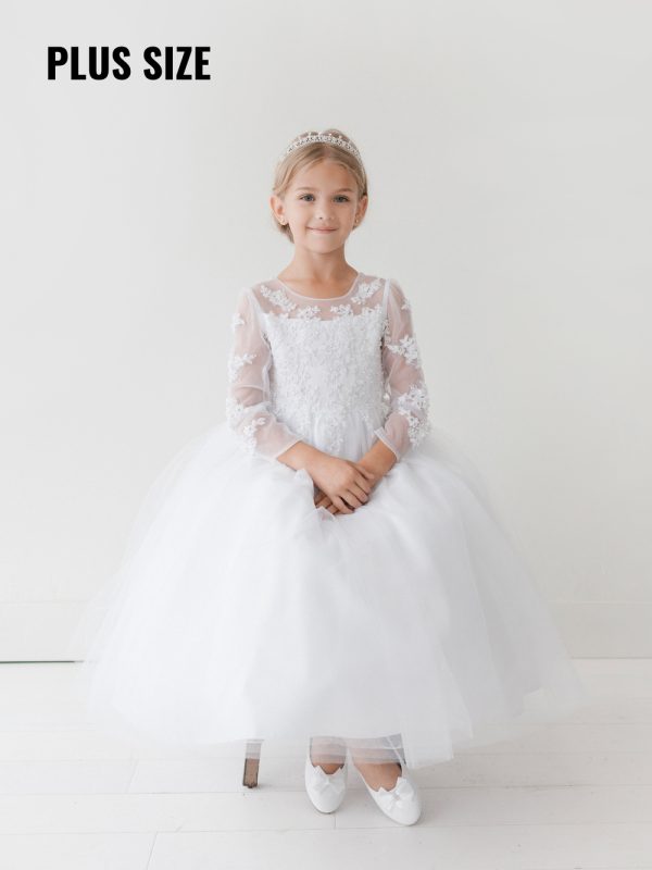 — 5705X WHITE Communion Dresses Long Sleeved Communion Dress with Mesh Sleeves and Skirt. Lace Applique decorates front and back bodice as well as the sleeves.
