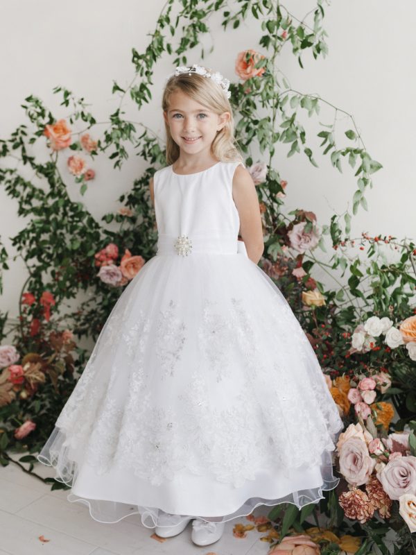 5716 1 — 5716 Ivory Communion Dresses Satin Waist With Ruched Waist and Removable Brooch. Skirt Has Lace Applique With Fish Line Hem