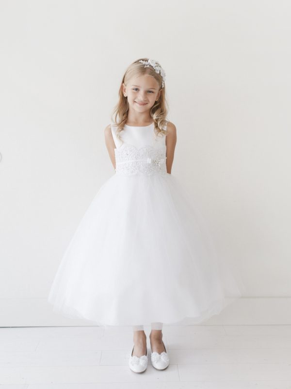 5718 — 5718 Ivory Communion Dresses Satin Bodice With a Lace Applique Waist, Comes With Removable Rhinestone Brooch. Tulle Skirt. Ankle Length