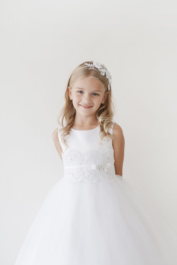 5718 1 — 5718 Ivory Communion Dresses Satin Bodice With a Lace Applique Waist, Comes With Removable Rhinestone Brooch. Tulle Skirt. Ankle Length