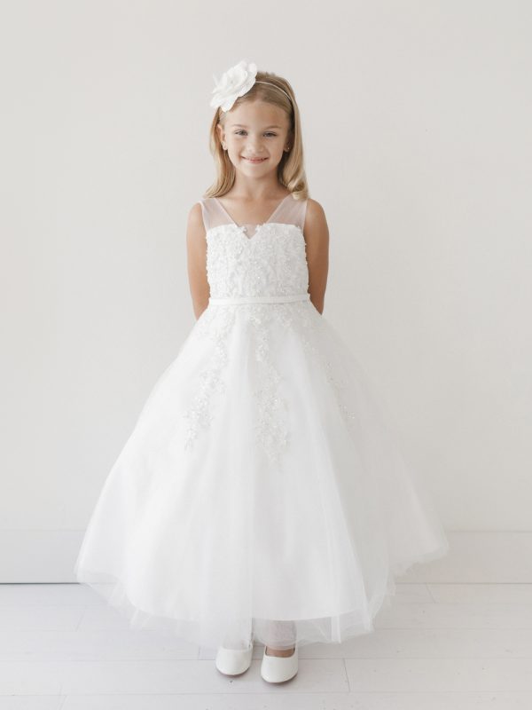 5719 — 5719 Ivory Communion Dresses V Neckline Bodice With Lace/sequin/pearls