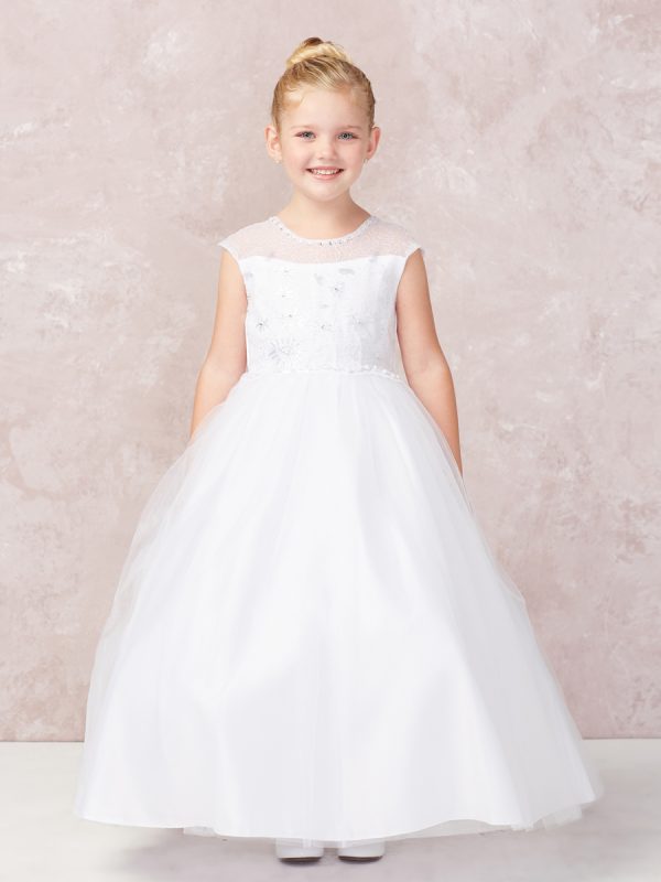 5721 01 — 5721 White Communion Dresses Lovely Girls Illusion Neckline With Lace Applique With Tulle Skirt. Has a Rear Center Zipper and Center Corset Tie