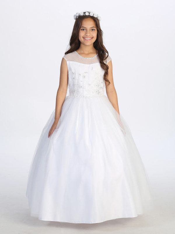 5721 1 — 5721 White Communion Dresses Lovely Girls Illusion Neckline With Lace Applique With Tulle Skirt. Has a Rear Center Zipper and Center Corset Tie