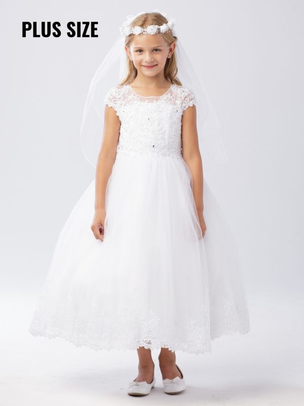 — 5730X WHITE Communion Dresses Lovely Illusion Neckline Bodice with Lace Applique and Rhinestones. The Tulle Skirt also has a Lace Applique Hem.
