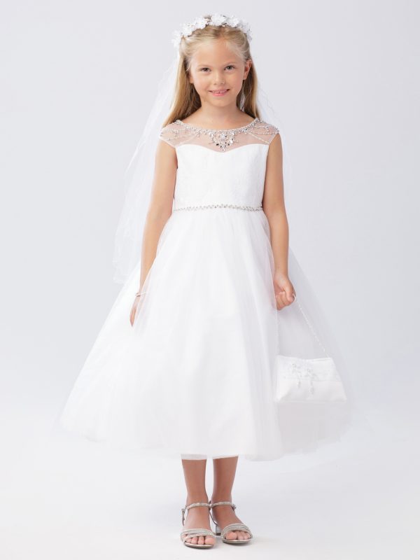 5746 — 5746 Ivory Flower Girl Dresses Beaded Illusion Neckline With Lace Bodice and Rhinestone and Pearl Waistline. Deep Beaded V-back With Tie Back