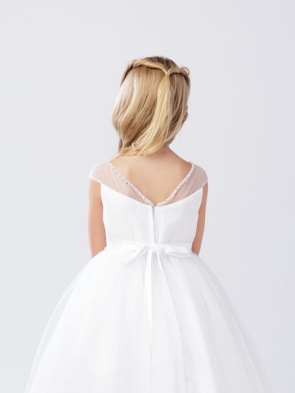 5746 1 — 5746 Ivory Flower Girl Dresses Beaded Illusion Neckline With Lace Bodice and Rhinestone and Pearl Waistline. Deep Beaded V-back With Tie Back