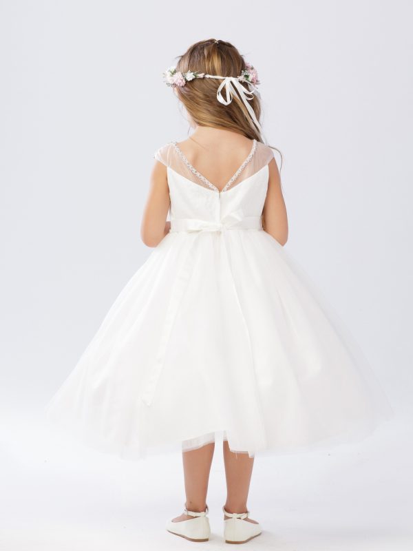 5746 4 — 5746 Ivory Flower Girl Dresses Beaded Illusion Neckline With Lace Bodice and Rhinestone and Pearl Waistline. Deep Beaded V-back With Tie Back