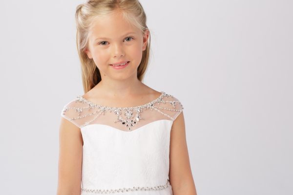 5746 5 — 5746 Ivory Flower Girl Dresses Beaded Illusion Neckline With Lace Bodice and Rhinestone and Pearl Waistline. Deep Beaded V-back With Tie Back