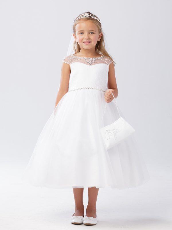 5746 6 — 5746 Ivory Flower Girl Dresses Beaded Illusion Neckline With Lace Bodice and Rhinestone and Pearl Waistline. Deep Beaded V-back With Tie Back