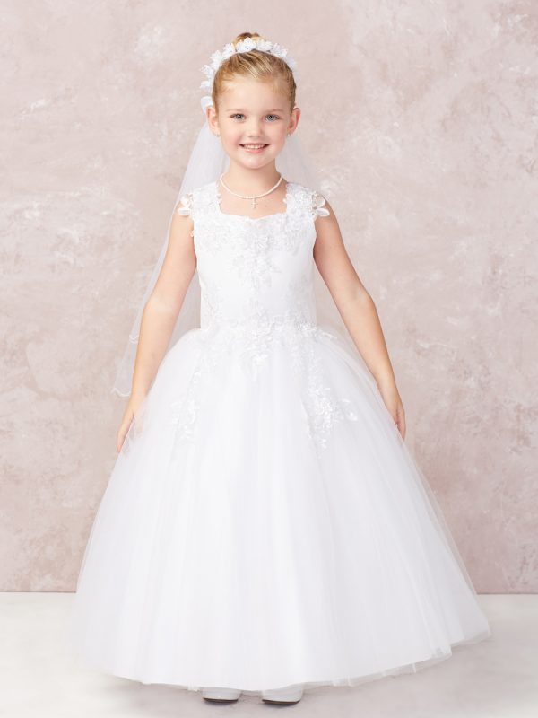 5751P — 5751P WHITE Communion Dresses Satin with Lace Applique Bodice and Tulle Skirt Dress
Comes with Corset Back