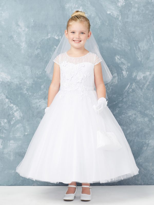 5754 — 5754 White Communion Dresses Sleeved Dress With Vertical Embroidery and Lace Applique. Comes With a Key Hole Back and Cover Buttons.