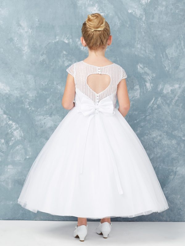 5754 1 — 5754 White Communion Dresses Sleeved Dress With Vertical Embroidery and Lace Applique. Comes With a Key Hole Back and Cover Buttons.