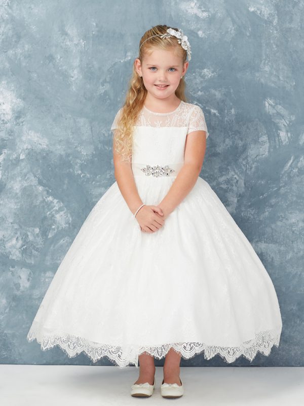 5766 — 5766 Ivory Flower Girl Dresses Beautiful Illusion Neckline All Lace Dress With a Removable Rhinestone Sash