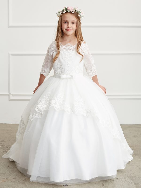 5773 1 — 5773 Ivory Communion Dresses Off-shoulder Lace Bodice Wth 3/4 Sleeves