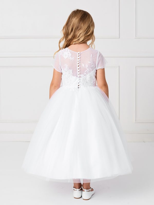5792 1 03 — 5792x White Communion Dresses Mesh Bodice With an Illusion Neckline and Lace Applique