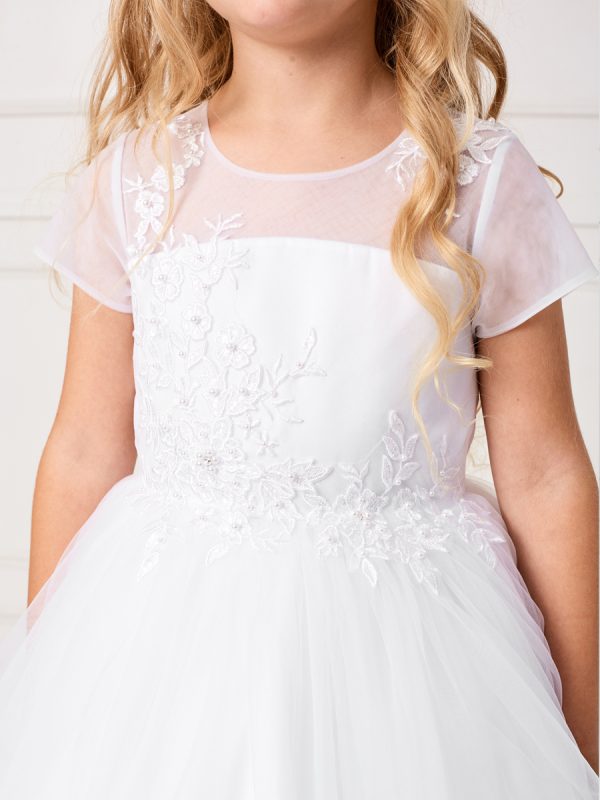 5792 2 03 — 5792x White Communion Dresses Mesh Bodice With an Illusion Neckline and Lace Applique