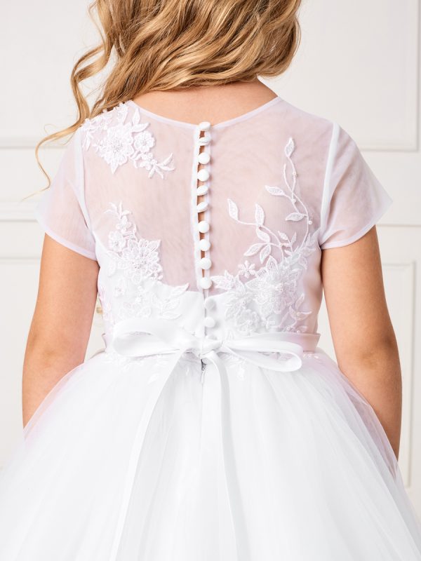5792 3 02 — 5792x White Communion Dresses Mesh Bodice With an Illusion Neckline and Lace Applique