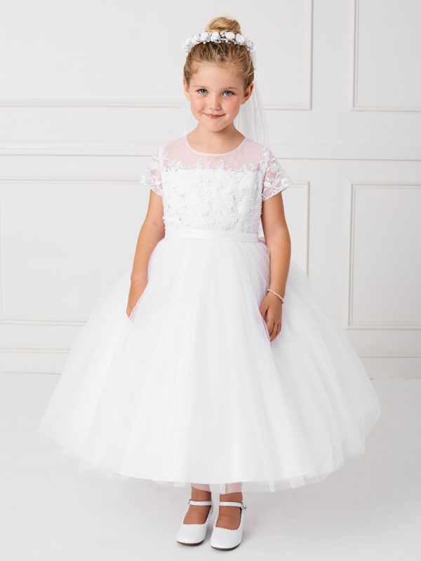 5796 — 5796 White Communion Dresses Girls Sleeved Illusion Neckline With a Beautiful Lace Applique Bodice and a Soft Mesh Skirt. Has a Rear Center Zipper and Sash Tie Back