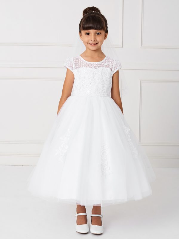 5799 — 5799 White Flower Girl Dresses - Beautiful Cap Sleeved Lace Applique Bodice. The Tulle Skirt Also Has Scattered Lace Applique