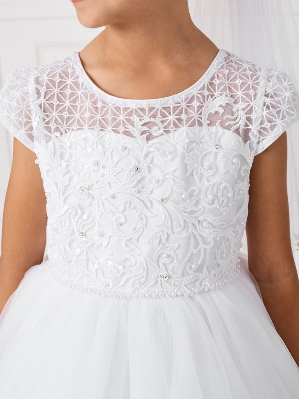 5799 2 — 5799 White Flower Girl Dresses - Beautiful Cap Sleeved Lace Applique Bodice. The Tulle Skirt Also Has Scattered Lace Applique