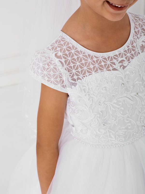 5799 3 — 5799 White Flower Girl Dresses - Beautiful Cap Sleeved Lace Applique Bodice. The Tulle Skirt Also Has Scattered Lace Applique