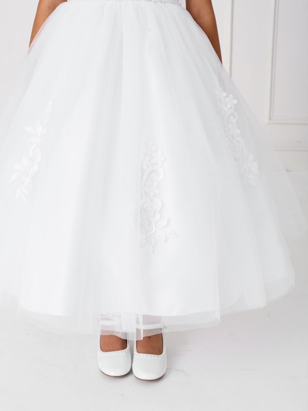5799 4 — 5799 White Flower Girl Dresses - Beautiful Cap Sleeved Lace Applique Bodice. The Tulle Skirt Also Has Scattered Lace Applique