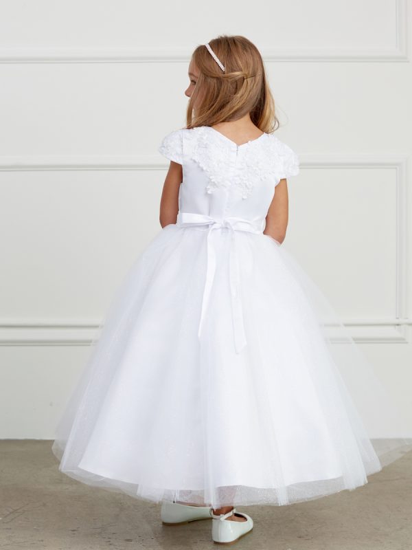 5823 1 01 — 5823 White Communion Dresses Satin Bodice With Cap Sleeves
