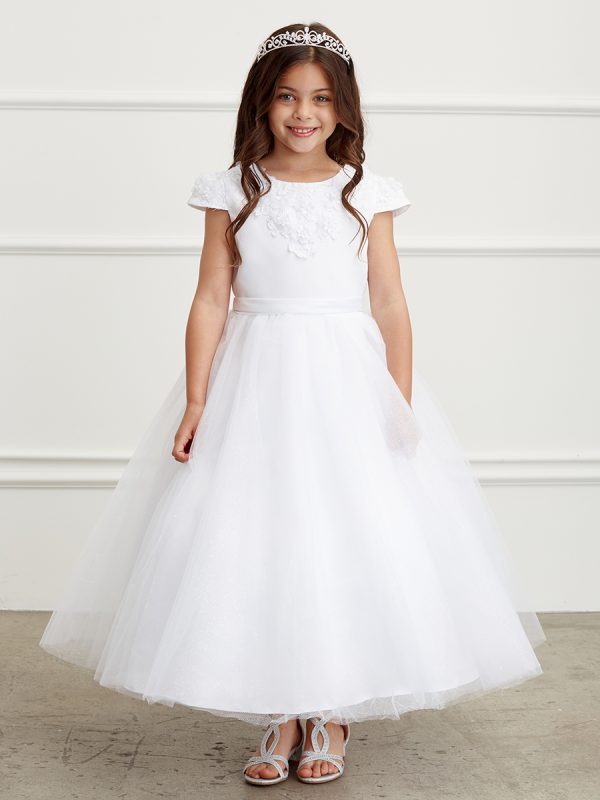 5823 5 — 5823 White Communion Dresses Satin Bodice With Cap Sleeves